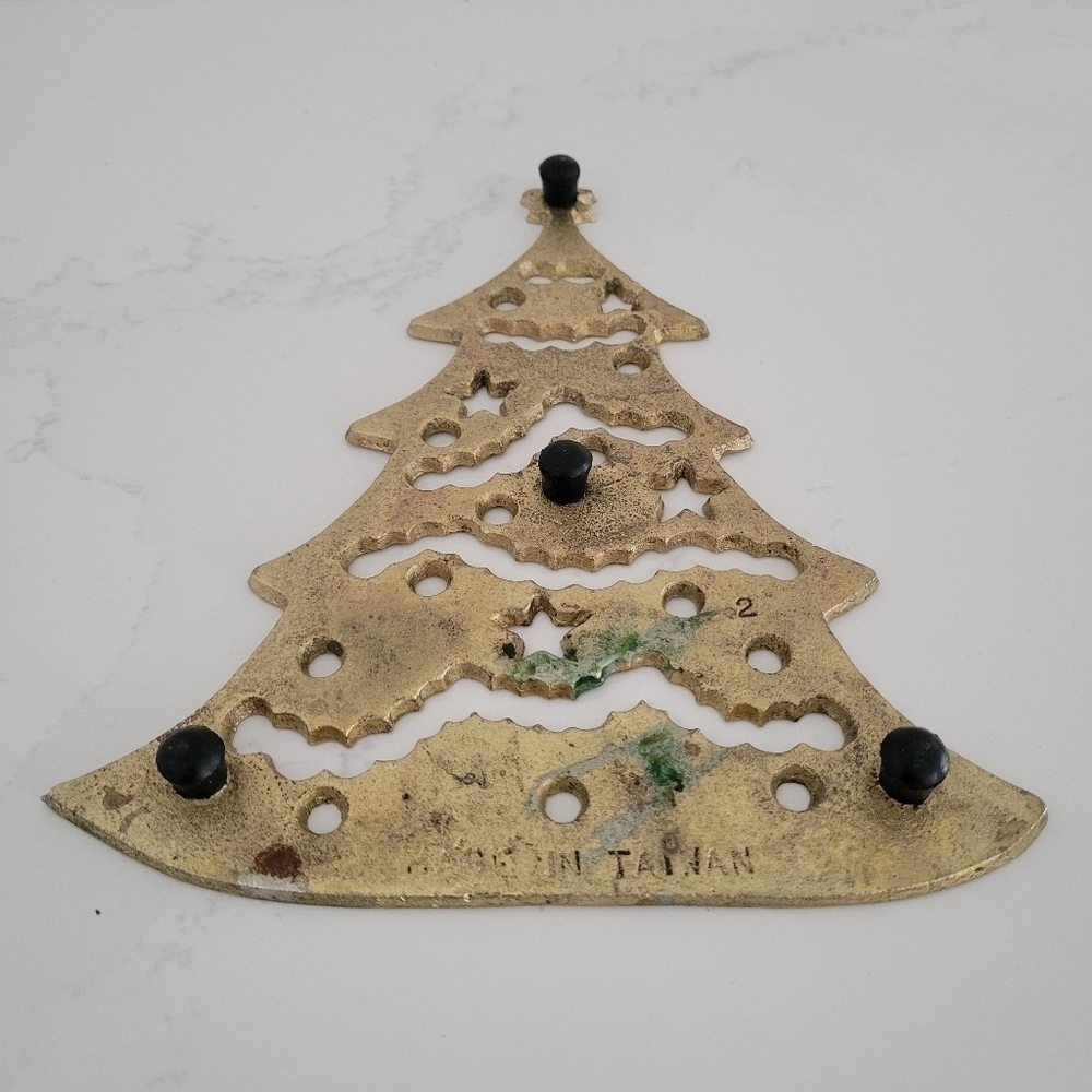 Vintage Brass Christmas Tree Trivet Gold Star Garland Ornaments - Picture 2 of 4